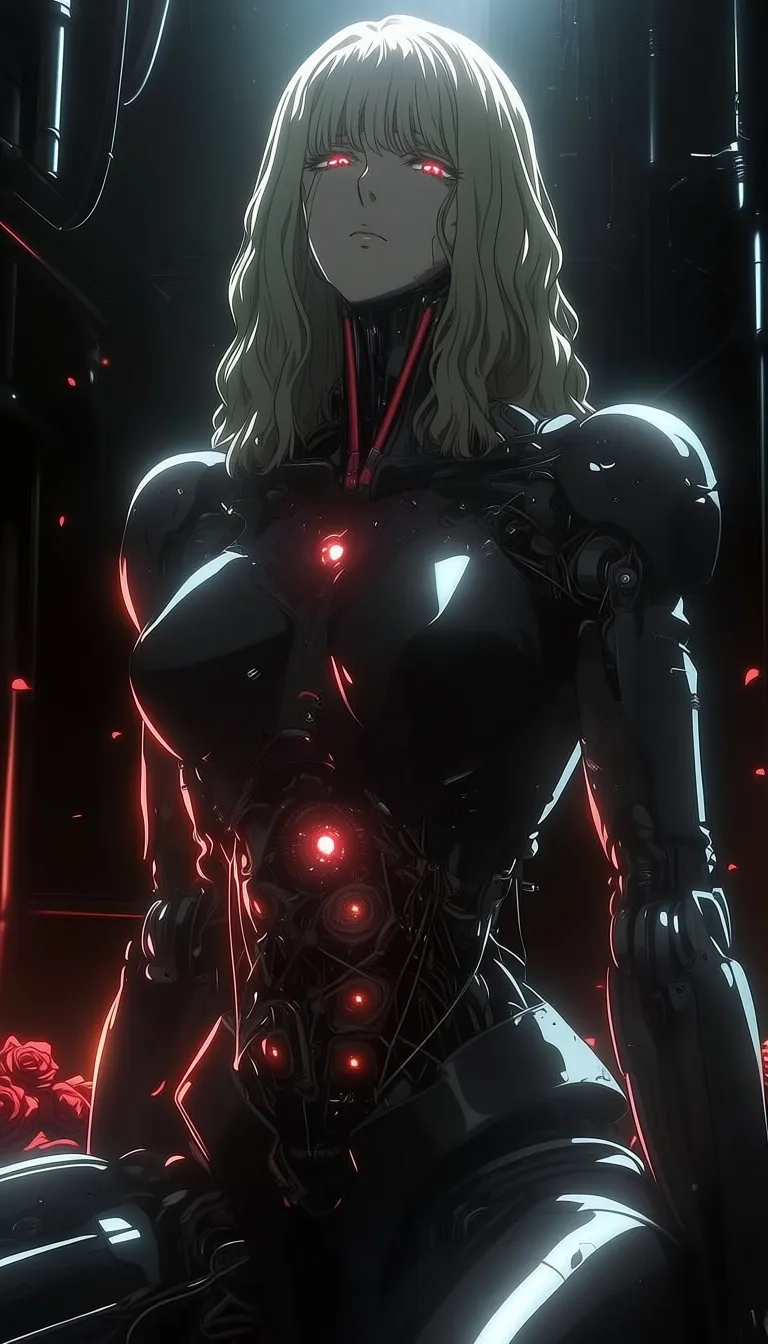 dark_art_style, 1girl, solo, cyborg, android, mechanical body, robotic parts, cybernetic, biomechanical, detailed machinery, exposed joints, glowing core, chest core, long hair, blonde hair, wavy hair, red eyes, sad expression, melancholic, looking at viewer, roses, red roses, flowers, contrast, delicate and mechanical, futuristic, sci fi, cyberpunk, industrial background, pipes, metal, high detail, intricate, cinematic lighting, soft lighting, moody atmosphere, anime style, masterpiece, best quality