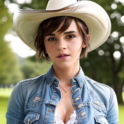 Hyper realistic, emma watson,((accurate face)), ((accurate face)), show full body, ((dressed as a cowgirl)), sexy pose, (large breasts),black hair, (((very short hairstyle, bangs, pixie cut))), beautiful face,beautiful lips, huge breasts, curvy hips, cleavage,milk,getting milked, full body