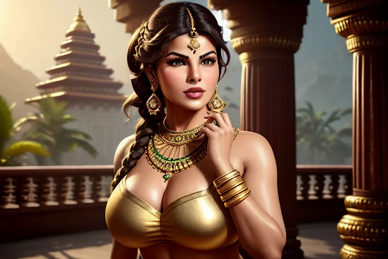 a digital painting of,jacqueline fernandez,wearing indian seri,squatting,in a temple,big breasts,five fingers per hand,braids hair,charming face,beautiful lips,green eyes,curved eyebrows,curved eyelid,satisfaction,wearing golden ring,studio lighting,bokeh,cinematic lighting,cgsociety,unreal engine