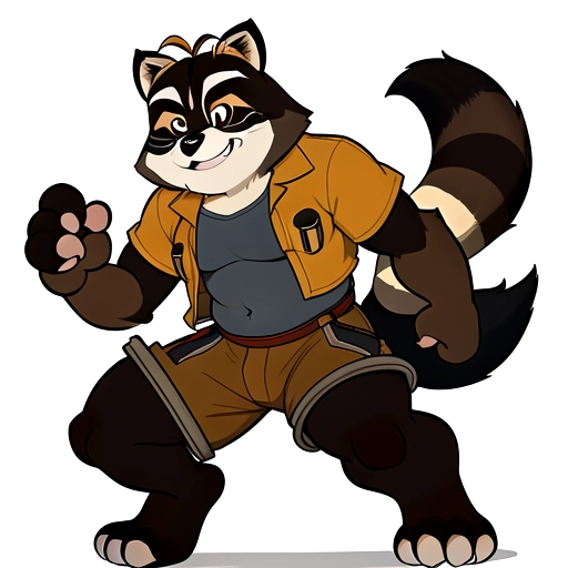 solo male tanuki, brown tanned racoon dog humanoid, big belly, furred round body, big boy, mechanic, big wrench in hand, ratchet and clank, furry alien, biting mouth, big nose points out, big mouth chompers, short racoon humanoid, masterpiece, brown shorts, psychic, colorful shirt, medium long length hairstyle single strand of hair curls on top of head, antenna hairstyle ,cute eyes, snoot, Furry humanoid ,brown fur , cute raccoon, , cute looking, hunter, headshot, good hands paws, perfect finger paws <lora:manga_lineart:1>