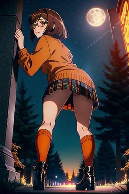 Photo from behind of, velma from scooby doo, young woman, wearing an orange sweater, wearing a plaid miniskirt, wearing knee high socks, looking at away from Camara, beautiful face, beautiful eyes, small pupils, short brown hair, in dark cemetery, at night, full moon, volumetric lighting, focused, crawling on all-fours, upskirt, fingering pussy, erotic