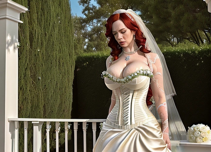(((((Christina Hendricks with insane curves))))) ((wearing a bridal corset and veil, her tits are fully out)), (((she is on her knees and has a collar and chain leash around her neck))), ((((she is sad and crying)))), ((she has been enslaved and just had a farce wedding any is now being sexually abused and humiliated)), ((she has cum all over her)), (((bukkake))), ((humiliation)), ((sexual abuse)), ((((sexual bondage)))), (high quality), (photo realistic), ((color)), ((((crying)))), (((((bridal)))))