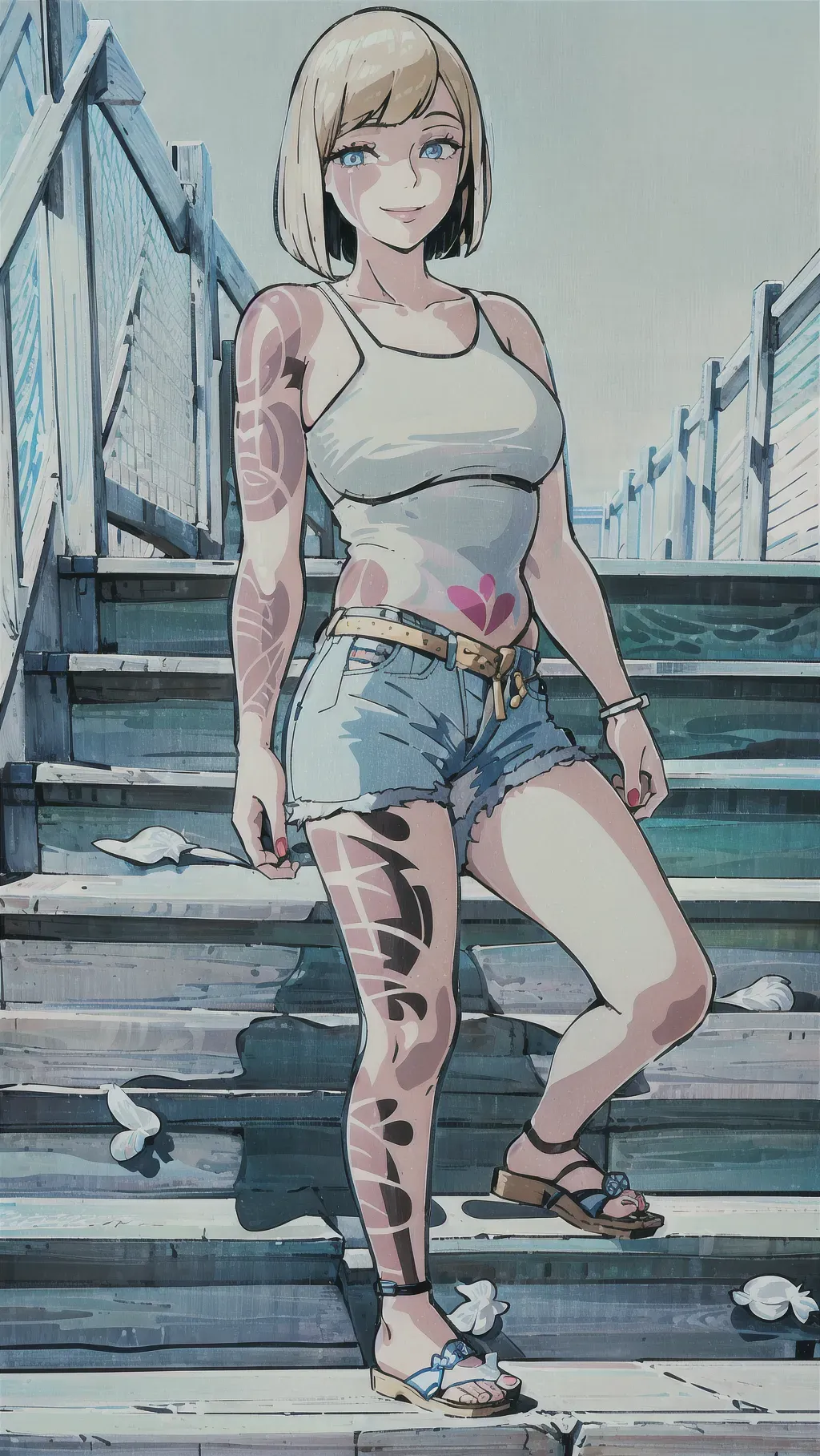 Sexy girl blonde bobcut, standing on a set of stairs at the beach pier, white frilly top. Jean short shorts, sandals, tattooed, gorgeous eyes, smiling. <lora:dpmg_ghibli_style:1>