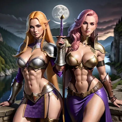High fantasy setting (Dungeons and Dragons), two young women with blonde or red hair, wearing purple and blue armour, skirt to knees, high leather boots, medium sized breasts, cleavage, toned and slim body, abs, slender arms and legs, small ass, midrif, narrow waist, sensual expression, sharp features, very beautiful face, detailed eyes, arched eyebrows, sexy pose, holding sword in one hand, looking at the viewer, sensual and self assured smile,
castle on a cliff next to a lake and forest in the background, full moon, moon light,
two arms, two hands, five fingers, detailed fingers, two legs, two feet