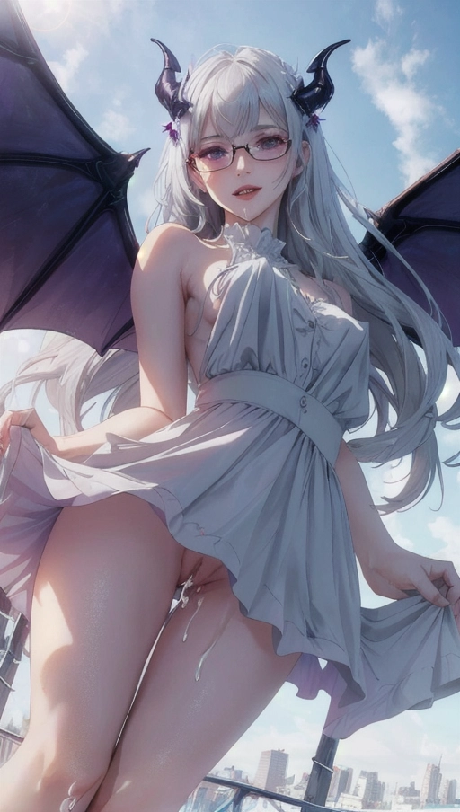 Best quality, an adult woman, (a breathtaking masterpiece of close up shot from below of an adult woman with demon wings lifting up her skirt), (long straight grey hair with demon horns, nude with white sundress with pussy exposed:1.2),
thin and slender, (detailed purple eyes looking at viewer:1.2), (extremely detailed view of realistic face with seductive expression:1.2), beautiful detailed full lips smiling seductively showing teeth, (zoomed in pov from below skirt of naked pussy dripping with cum:1.33),
city streets during the day with bright blue sky, hyperrealistic pale skin, (succubus wings, glassess, pov from below), five slender fingers lifting up sundress,
Close up pussy shot from below with cinematic composition of an adult succubus in a city lifting up skirt, soft focus, sharp and clear image, (flat shading stylised colorful art:1.07), <lora:dpmg_add_detail:0.25>, (physically-based ray tracing, photon mapping, photorealistic:1.35), (high resolution masterpiece, 4K, HDR, UHD:1.35)