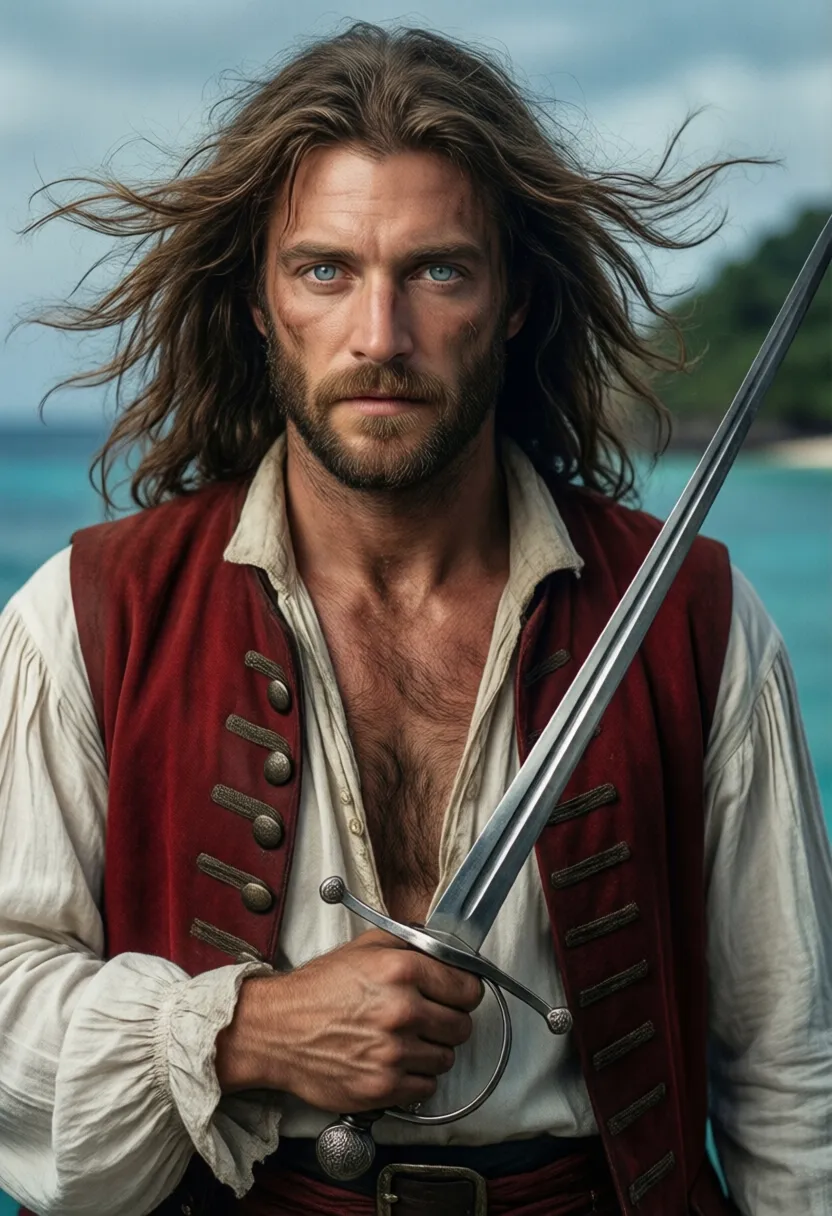 Holding a rapier an adult male pirate with long swept back brown hair, light blue eyes, stumbled facial hair, 1820s era white shirt and red vest, chest hair, holding a rapier, chest hair, 8k, cinematic lighting, island background