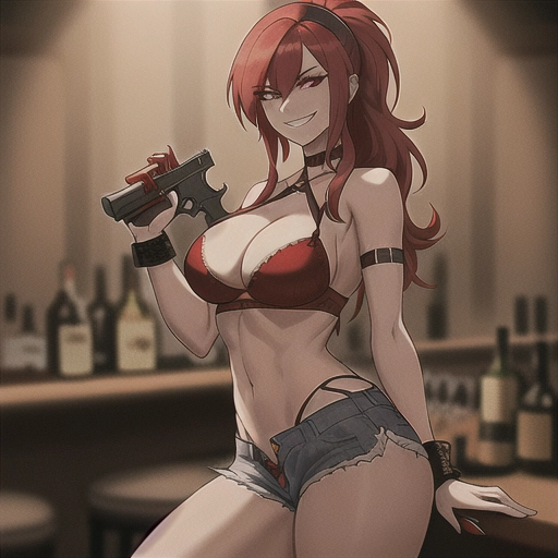 distant shot of a highly detailed slim woman with a sadistic smile with red hair looking back with a bandana wearing tiny bra and large cleavage and tiny waist and tiny ripped jean shorts and holding a revolver in a bar background