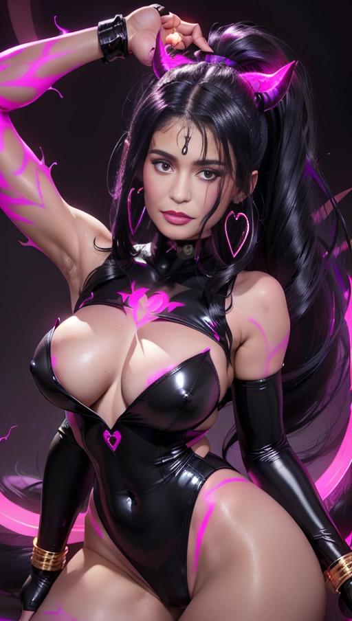 best quality, (((ultra high res))), (((detailed face and eyes))), (perfect face), (big shining heart choker), earrings, jewelry, (((big glowing succubus mark))), ((((big glowing succubus bodymark)))), (conjuring), witch, ((very long voluminous hair)), (((black gloves))), (((black hair))), (((single black ponytail))), (((golden bracelet))), (((huge golden hair cuff))), (((black skintight neckholder))), ((face closeup)), lipstick, (((((black demon tail))))), ((black long sleeves)), ((purple glowing heart)), (((big cameltoe))), (((demon mark))), heart on womb, (((((bright pink glowing skin tone))))), (((straight black hair))), ((pink glowing clothes)), ((pink luminescent)), ((((pink luminescent skin tone)))), (((pink skin))), (((Kylie Jenner)))