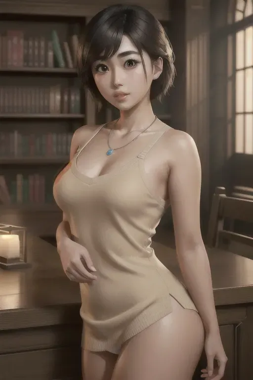 a photo shot of,haruka fukuhara,naked,kneeing,at the library,five slender fingers,short thick hair,gorgeous face,beautiful lips,detailed large eyes,curved eyebrows,cosy,wearing necklace,cgsociety,pixiv,unreal engine,8k,ultra realistic