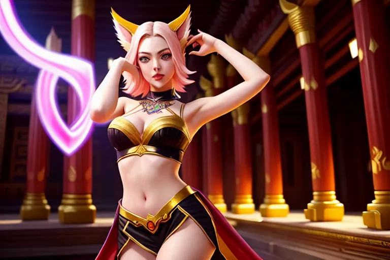 a digital art of,amanda seyfried,wearing lol ahri cosplay,dancing,in a temple,five slender fingers,short hair,beautiful face,beautiful lips,curved eyebrows,pale skin,peaceful,tattoo,cinematic lighting,smooth,highly detailed,bokeh,unreal engine