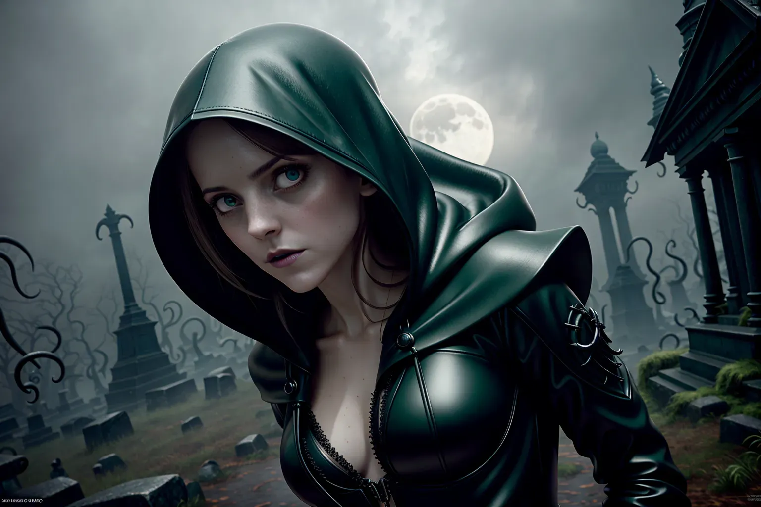 a concept art wide shot of (Emma Watson)(completely accurate face)(glaring eyes), (as a Lovecraftian necromancer)(Cthulu Nyarlethotep Hastur)<lora:dpmg_crazy_expression:1>, full body, under a full moon in a deserted graveyard(tentacled horrors in the sky)(thick low fog covering the ground)(levitating off the ground),(wearing Long Sorceress hooded scaled leather robes)(green eyes)(sash)(dark Magic)(Bedlah)(pale dead skin)(casting necromancy),(skinny slender athletic physique)(wind swept)(long wispy hair tendrils sides),(Dancing pose with hands in the air)(very tiny perky breasts), five slender fingers,beautiful face,beautiful lips,detailed large eyes,curved eyebrows,cgsociety,natural lighting,professional,editorial, (oily skin glistening)(bokeh)