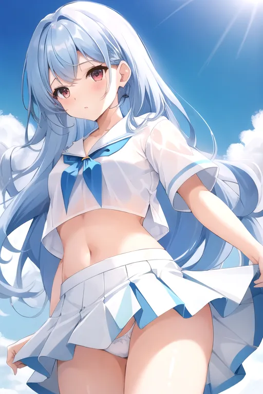 1 female, blinde hair, long hair, micro skirt, light blue micro skirt, white panties, cropped top, white cropped top, cropped top with letters saying (onlyfans), plain blouse,