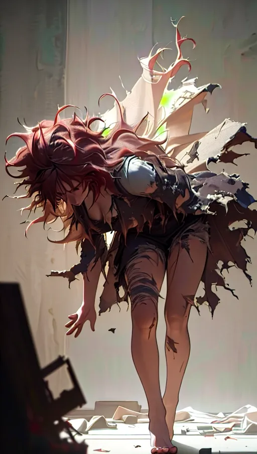 Highly detailed image of Joy from red Velvet . HDR. 8K. Highly detaild skin, Highly detailed hair. in torn and ripped clothing. (masterpiece). (((photorealistic 1.5))), (((very detailed lighting))). (((Messy_hair))). Full body