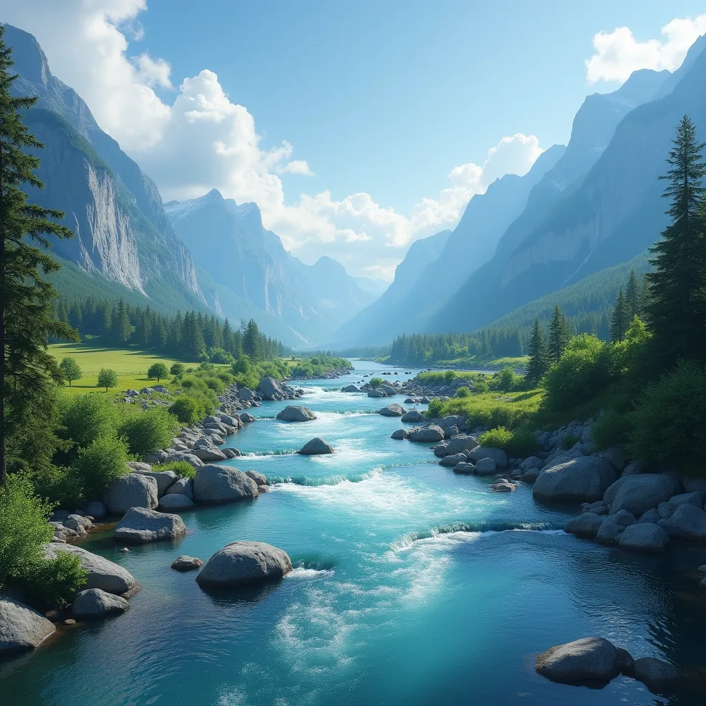 A beautiful landscape with a river and mountains