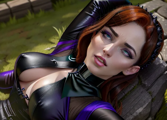 in the dark of night Beautiful pale skinned auburn haired blue eyed Queen Anna of Arendelle portrayed by Elizabeth Lail being levitated in the air sexually relishing in a magical evil gothic makeover, shifting to tight black leather and silk with a choker dark lipstick dark eyeliner. Being transformed by evil elegant horned Maleficent dressed in dark purple and black flowing robes and green wispy crackling green energy flowing about them. Photorealistic. <lora:orgasming_face:1>
