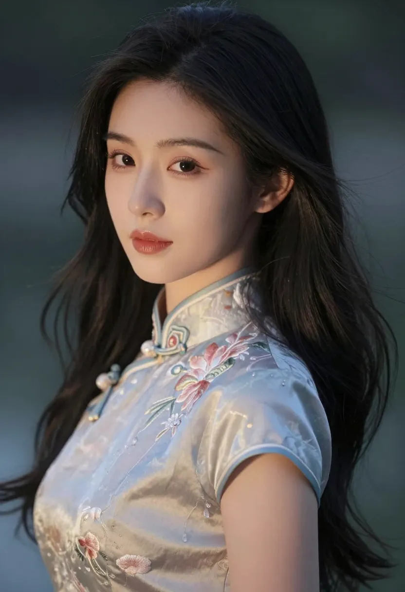 A beautiful Chinese woman with graceful features, close-up portrait, long flowing black hair, wearing a traditional silk cheongsam delicately embroidered with floral patterns, face softly illuminated by ambient light, serene expression