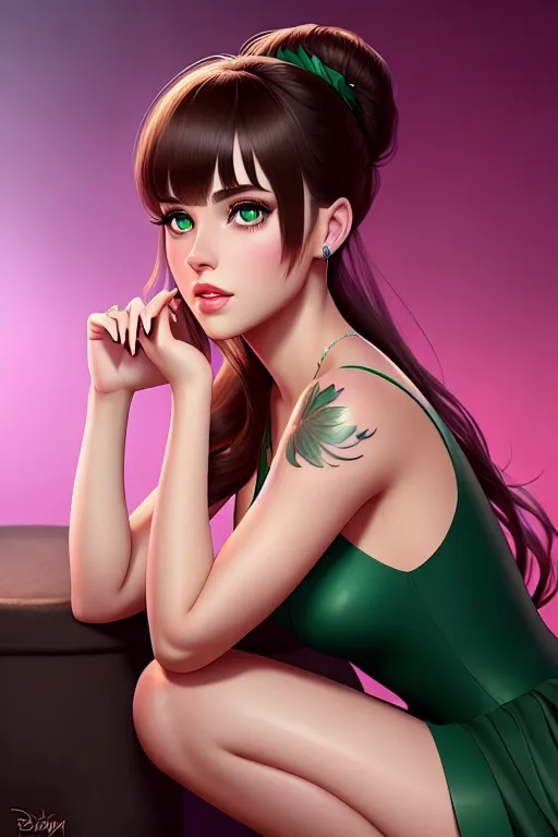 a digital painting of,a disney princess,squatting,at the party,five slender fingers,bangs hairstyle,beautiful face,beautiful lips,green eyes,curved eyebrows,textured skin,peaceful,tattoo,ultra realistic,surreal,sharp focus,pixiv,editorial
