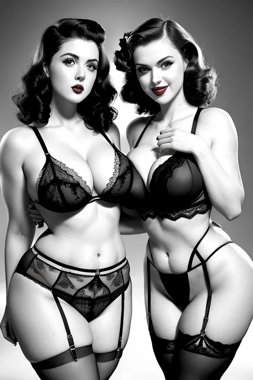 1940s pinup, 2 girls, Hayley At well and Alexandra Daddario, slender waist, lingerie, emaciated, huge natural breasts
