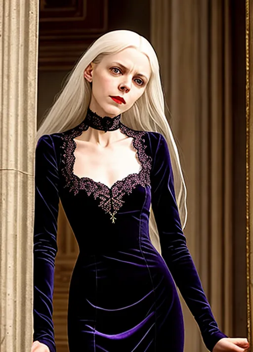 a photo of, juliet landau as drusilla, she is a delicate frail poisonous flower, platinum blonde albino winter ephemeral, she is hungry, elegant lacy shift chemise, if she could feel the cold she would be freezing, as the decades turn the threads soften and thin, history is a nightmare from which i cannot awake, yet through her malaise and ennui there is a spark howsoever dimmed and obscure, she is so inconsolably hungry like a bottomless pit, she can sense a meal is nearby because her skin tingles and goosepimples, her vampire incisors begin to descend and she salivates, she spies the prey and fixes her hypnotic gaze to bewitch and ensnare