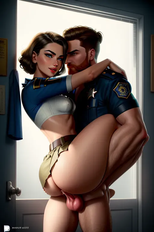 A 1950s housewife being held and fucked by a cop, fair skin, braided brunette hair, dark eyebrows, blue seductive eyes, small nose, sharp cheekbones, soft cheeks, sharp chin, full lips, orgasm smile, tattered pink blouse, khaki skirt ripped off, thin figure, small breasts, thin thighs, round ass, submissive, being fucked by a redhead cop with a throbbing dick, red beard, muscles, tall, erect dick, vaginal sex, high definition, 4k quality, cinematic lighting, great shading, excellent detail, five fingers per hand, <lora:dpmg_carrying_sex:1>