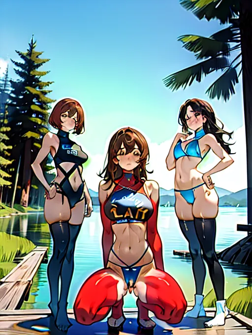 3girls squatting, Cameltoe, <lora:dpmg_pov_from_below:1>, <lora:bukkake:1>, wearing different bikinis, medium breast, thin waist, on a pier at a lake, pine trees in the background,