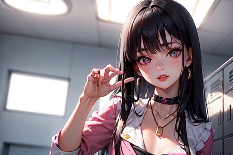 photorealistic, 8k, accurate face, (((detailed face))), (((replicate inspiration face))), full figure shot, shining eyes, female face, cute, 21 years old gorgeous, luxuriously long black hair, lipstick, bangs, small breasts, choker, necklace, pendant,
wearing pink stewardess outfit, in locker room,