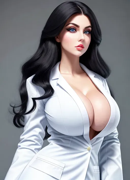 Gorgeous European babe, raven-haired beauty, huge gigantic boobs, (gigantic boobs), black hair, pale skin, pale blue eyes, beautiful big pouty lips, slim waist, perfect thin figure, scientist outfit, white lab coat, photorealistic, best quality, ultra high resolution