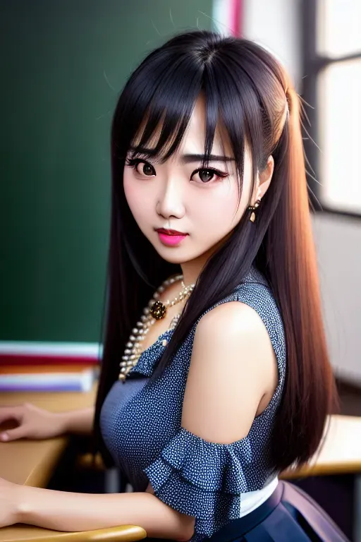 a photograph of,a teacher,skirt ripped open,five fingers per hand,silky hair,charming face,beautiful lips,curved eyebrows,curved eyelid,textured skin,cosy,wearing necklace,pixiv,artstation,bokeh,studio lighting,sharp focus,bending over desk,in school