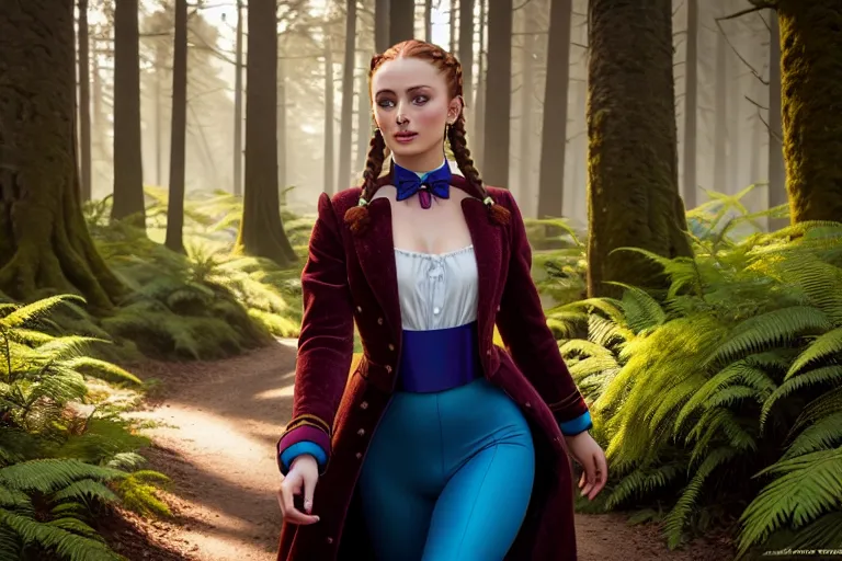 a photograph of,sophie turner,wearing willy wonka,arched back pose,in the forest,five slender fingers,braids hair,gorgeous face,beautiful lips,blue eyes,curved eyebrows,textured skin,cosy,wearing golden ring,bokeh,8k,highly detailed,ultra realistic,surreal
