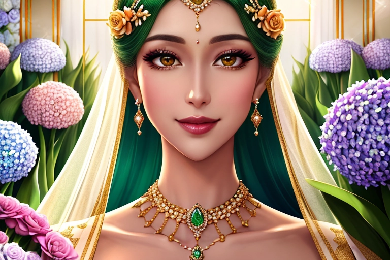 in the foreground A beautiful princess with a generous figure. wearing an alluring and revealing royal outfit adorned with jewels that shimmers with gold . she stands behind an elegant table decorated with a large vase of tulips and roses, surrounded by little pastries, In the background a large green garden wall decorated with rows of colorful hydrangeas. The scene is lit with bright dreamy lights from the early afternoon sun. the princes smiles excitedly at her flowers, an orange and white striped cat sits behind her.