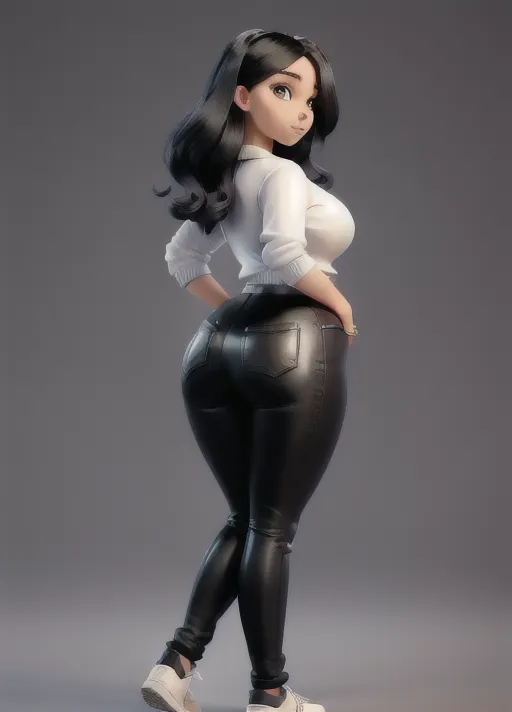 Gorgeous young woman, raven-black hair, narrow waist, extremely wide hips (unrealistically huge and wide hips), huge round bubble butt, spherical ass cheeks, tight yoga pants