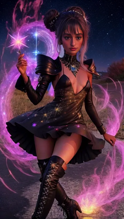 8k resolution, high resolution, best quality, masterpiece, Hyper realistic,
Perfect lighting,
Cute realistic detailed face,
((small breasts)), slim body, petite, her hair in a messy bun, wearing a sexy tight dress with high heel boots, black eye shadow, long lashes, black lips, psychedelic floral background with stars, vibrant aesthetic, galactic background, magic runes, crystals, flowers, Sigurd
