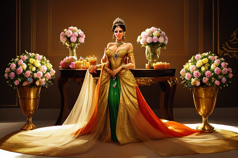 in the foreground A beautiful princess with a generous figure. wearing a royal outfit adorned with jewels that shimmers with gold, the fabric clings to her . she stands behind an elegant table decorated with a large vase of tulips and roses, surrounded by little pastries, In the background a large green garden wall decorated with rows of colorful hydrangeas. The scene is lit with bright dreamy lights from the early afternoon sun. the princes smiles excitedly at her flowers, an orange and white striped cat sits behind her.