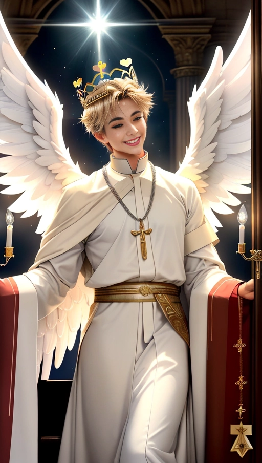 a 64k high detailed photo of male Angel, Intimacy, saint, ((priest)), religion, Sex Religion Tones, Intimacy Religion, Ultra Detailed, Best Quality, Most Detailed, (Angel Wings), Angelic Lighting, Love, Hope, Magic casting, Crown, King, Smiling, happy, Glory, Warrior, Angels, Angelics, Positivity, Happiness, ecstasy, enraptured, sweaty, saving, God, Royalty, Morality, Goodness, True Good, Power, Force, Authority, Ethical, Saviour, Halo, Always and Forever Sentimental, in heat, hot, ultra hot, best, best lighting, tantric, Neutral, Brilliant, Logical, Compassionate, Perfect, Perfection, Exciting, Integrity, Winged, Courage, Purity, Harmony, Beauty mark on upper lip, Family, Titan, Primordial, Protogenoi, Happiness, Happy, True Happiness, The Light themes, Heavenly Themes, Life, Death, The Rise, clean, Sexiest, Prettiest, Most, Beautiful, Angelic, Speech, ecstasy impression, (Perfect crew cut), Perfect ass, ((Smiling)), (Happy Expression)), ((Love Worship)), ((((Flirting)))), (((Multiple Angels))), (Love), (Love Magic), (Casting Love Magic), (((Masculine))), ((Male)) (((Male Angelic))), ((With Clothing)), ((Has Clothes On)), ((Wearing clothes))
