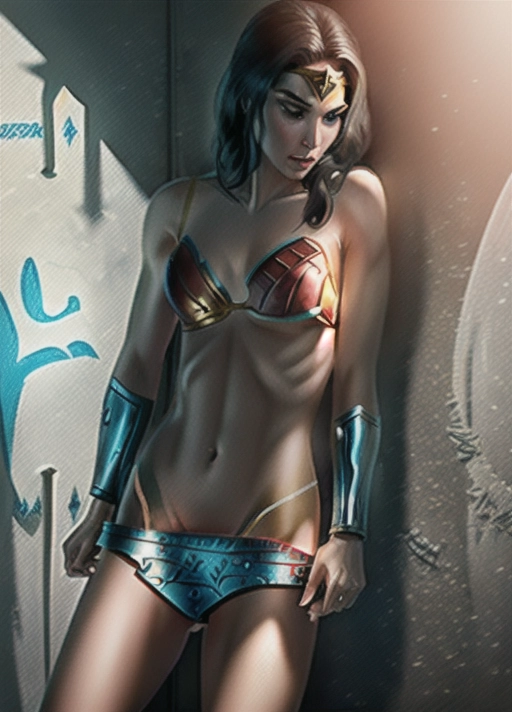 Wonder Woman inside a prison cell (((pulling down her bikini bottom))
