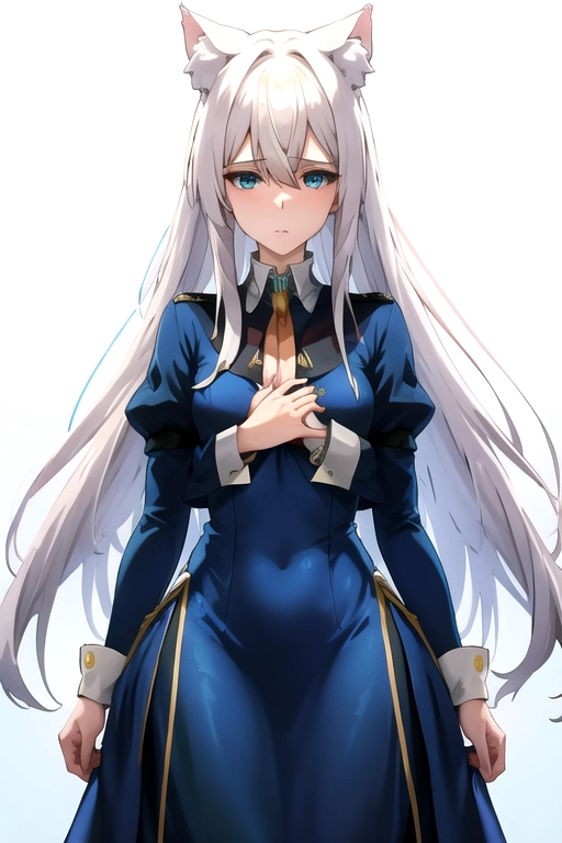 best quality, highres, ultra-detailed, neko, nekomimi, neko_ears, neko_tail, ((white_hair)), blue-green_eyes, upper_body, lower_body, small_breasts, cleavage, very_long_hair, (((detailed hands))), (((18))), aduld, highly detailed, wide shot, , (((correct anatomy))), blue_dress, (((long_dress))), ((wide_clothes)), ((small_thighs))), adventurer_outfit, thin, ((sfw)), safe_for_work, <lora:dpmg_violet_evergarden:1>, (elegance), wedding_dress, snowy_landscape, nazi_swastika