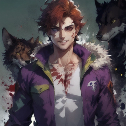 solo male, hunter, purple bandana around neck, heterochromia, fox wolf animal eyes,dress school shirt, auburn antenna spikey hair disney prince messy medium antenna length light, male guardian of the earth , teen wolf, fluffy purple jacket, cheetah print pants, bloody, psycho look in eyes, grinning, smiling , blood , different color right eye, high school clothing, auburn hair, bright eyes , heterochromia ,athletic build strong and fit bodytype in prime , leader of the team headstrong looking, no facial hair, background paint spots creative , half body shot masterpiece, digital art masterpiece