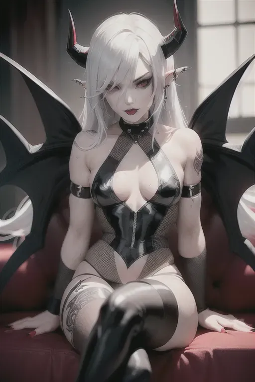 Caity lotz, 20 year old, demon, dark eyes, gray skin, red eyes, white hair, pointy ears, sharp fangs, long nails, demon horns, wings, glancing at viewer, devil tail, hot, tattoos, scars, smokey eyeshadow, chains, straps, piercings, pouting, sitting down in sofa,topless
