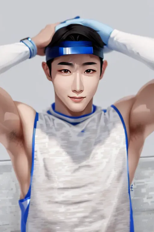 korean male with sweat body and clean armpit looking at camera