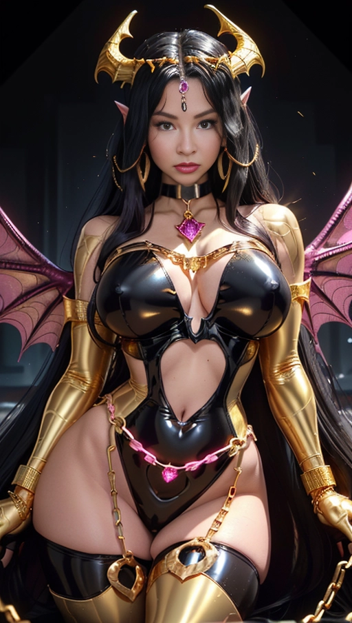 best quality, (((ultra high res))), (detailed face and eyes), (succubus), hearts, perfect face, necklace, (big choker), golden earrings, jewelry, tail, gloves, snake, ((gold)), (((big pink diamond diadem))), (big pink diamond crown), hourglass body, snake coiling, ((golden latex)), golden snake, ((handcuffs)), handcuffed, ((((chained)))), (tied up), chains, chain, (((((golden symbiote suit))))), (((( golden symbiote girl)))), (((golden succubus symbiote))), ((burgundy cape)), (((succubus wings))), (((big cameltoe))), (((having sex))), ((((black hair)))), ((very long hair)), ((straight hair)), ((huge boobs))