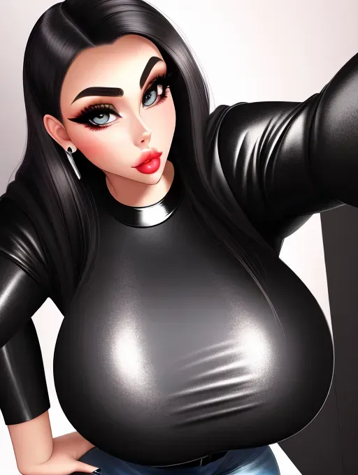 Gorgeous young European woman, photo cute attractive young face, large wide doe eyes, light colored eyes, big bimbo lips, huge gigantic boobs, (gigantic tits), raven-black hair, sexy, thin, slim waist, tight shirt and pants outfit, photorealistic, best quality, ultra high resolution