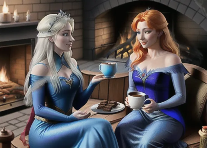 Beautiful sapphire eyed auburn haired Queen Anna of Arendelle in green enjoying a cheery light-hearted conversation with her platinum haired sister, Elsa in blue, enjoying a large mug of hot chocolate with mini marshmallows and a tray of brownies sitting by the fireplace.