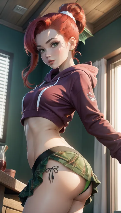 Ariel from the little mermaid, bright red ponytail, upskirt , purple hoodie, green and black plaid skirt, front, sexy panties,