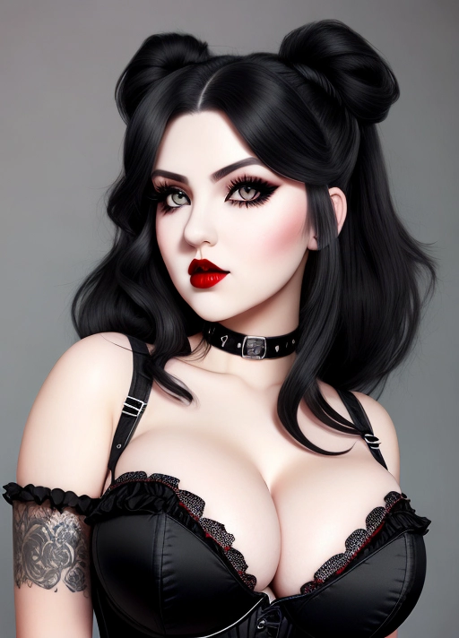 Cute girl, simple grunge makeup, pale colored eyes, black hair, plump juicy red lips, realistic face, high riding huge boobs, gigantic tits, huge corset bra, goth babe, skinny, photorealistic, best quality, ultra high resolution