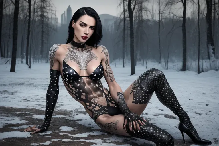 Androgynous shemale wearing a long erected strapon, negative space, very strong body builder, contracting muscles, sculpted body, seductive, sensual, dominant, very luxurious, muscular robust deltoids and arms, wearing black strap-on, six pack belly, G size boobs, latex suspenders, red thigh high boots, muscular body type, lesbian, male chignon, lady in 50s, muscular, open legs, strapless latex bra, (photorealistic), (realistic), (best quality), (masterpiece), (pale colors), ((detailed facial features)), (SFW), ((anorexic skinny body)), ((huge heavy boobs)), big exposed tits, ((plump bimbo lips)), ((small skinny butt)), ((thin skinny thighs)), realistic face, realistic eyes, anorexia, abs, ribs, pelvic bones, ((skin colored black and white spots)), ((black and white spots on skin)), (vitiligo skin), (outdoor setting), (white body paint), white body art, tan lines, matte skin, dalmatian pattern, zebra pattern, cow pattern, piercing, wings, (multiple tattoos), piercings, metal jewelry, body jewelry, fetish, metal, fishnets, spiked leather, chains, shiny latex, goth, punk, dirt, fishnet, ornaments, cow print, zebra print, white hair, perizoma, long hair, shaved head, bald head, bra, (bodysuit), (catsuit), spikes, leather belts, high heels, 5 fingers on hands, 2 hands, 2 arms, 2 legs, 2 breasts, city background, ruins in the background, warzone in the background, night city in the background, winter forest at night in the background, insects, centipedes