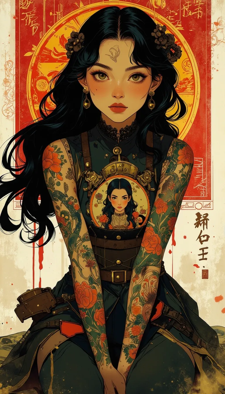Anime style. An inkwash painting, a Steampunk girl with a serious expression sits front and center, leaning slightly forward. She has long, flowing black hair, styled with small braids and adornments. She wears a detailed dark outfit featuring an illustration of a traditional figure with flowers and it has a mix of floral and abstract patterns with vibrant orange accents. Her arms and shoulders are covered in vibrant, detailed tattoos featuring intricate designs, including floral patterns, text, and unique symbols. Her skin appears to have slight scratches or markings, adding to the intensity of her gaze. Around her neck is a lace choker. The backdrop features textured red and yellow elements behind her, augmented by hints of Eastern script and aesthetic elements. The overall lighting highlights her features and tattoos, creating a dramatic and focused composition.,, dripping ink,bold paint drips cascading down.