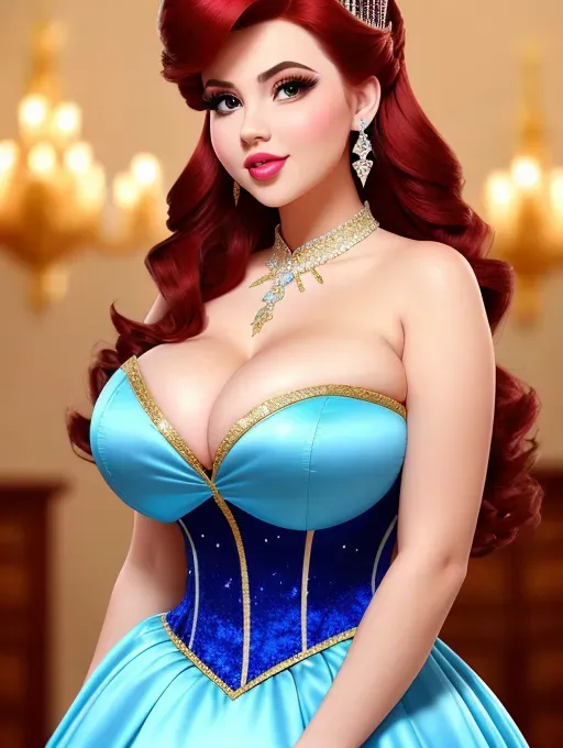 Disney princess, photo gorgeous attractive face, huge bimbo lips, enormous gigantic boobs, (gigantic boobs), fantastic busty rack, slim waist, ballroom dress, best quality, ultra high resolution