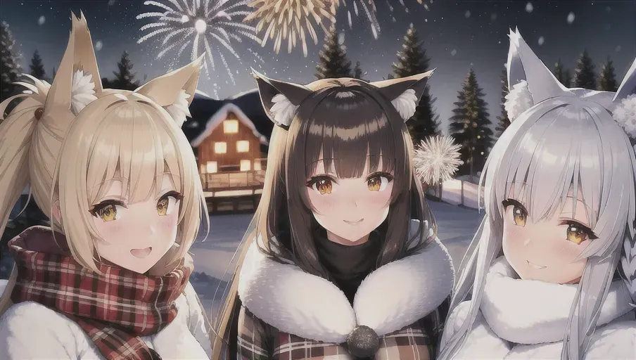 best quality, highly detailed, detailed background, a bunch of anime friends having a great time, everyone has wolf ears and wolf tails, winter outfits, wholesome, cute, visible breath, cold outside, detailed faces, different faces for each girl, snowy pine trees and a lodge in the background, fireworks, happy new year