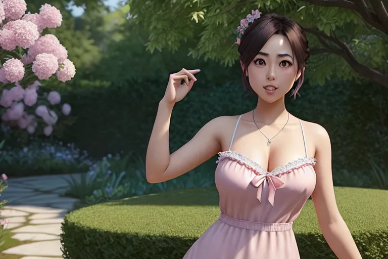 a concept art of,haruka fukuhara,wearing nightie,dancing,in the garden,big breasts,five slender fingers,short hair,beautiful face,beautiful lips,detailed large eyes,curved eyebrows,smooth skin,joyful,wearing necklace,sharp focus,unreal engine,ultra realistic,smooth,surreal