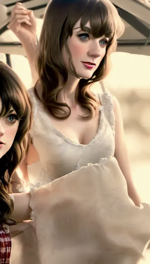 An 8k realistic photo of, ((1girl Zooey
Deschanel)) , and, (2girl,taylor swift) , masterpiece, best quality, ((extremely detailed faces)), ((2 girls)), grown woman, lingerine , (perky medium breasts), excited, best quality, masterpiece, hyper realistic, full hd,extremely detailed CG 8k wallpaper, ((anorexic))